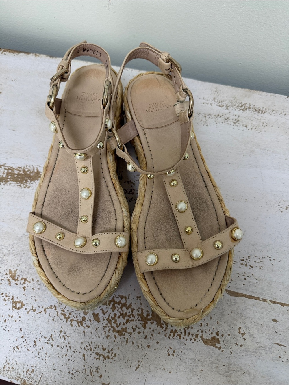 Stuart Weitzman Beige Pearl-Stud Espadrille T-Strap Sandals